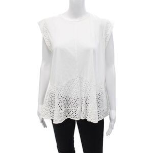 Clu TOO Women's Round Neck Flutter Sleeves Eyelet T-Shirt Blouse White Size S